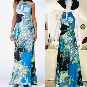 Cache Paisley flower blue yellow green maxi dress